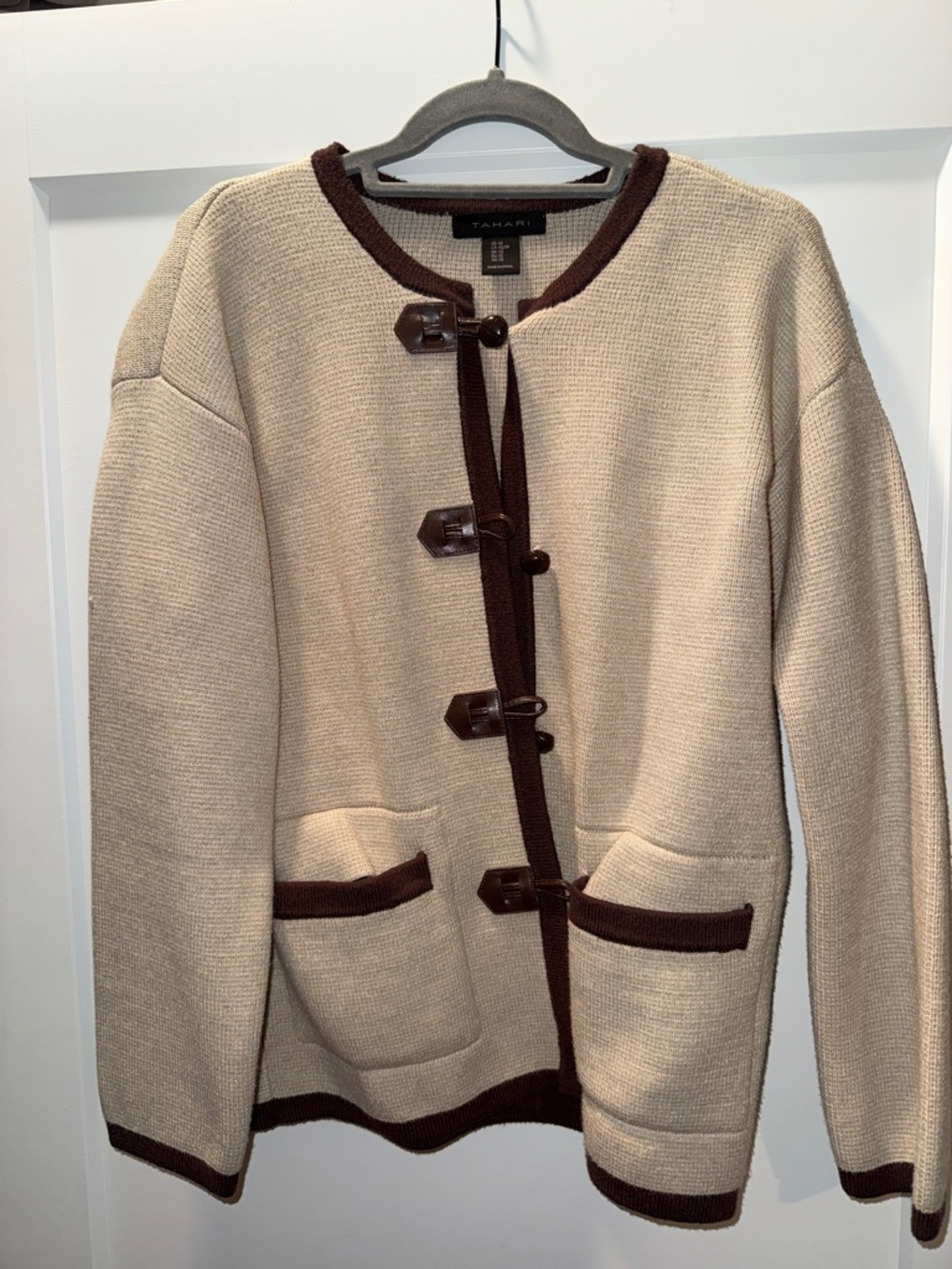 T Tahari Cream and Chocolate Trim Toggle Cardigan